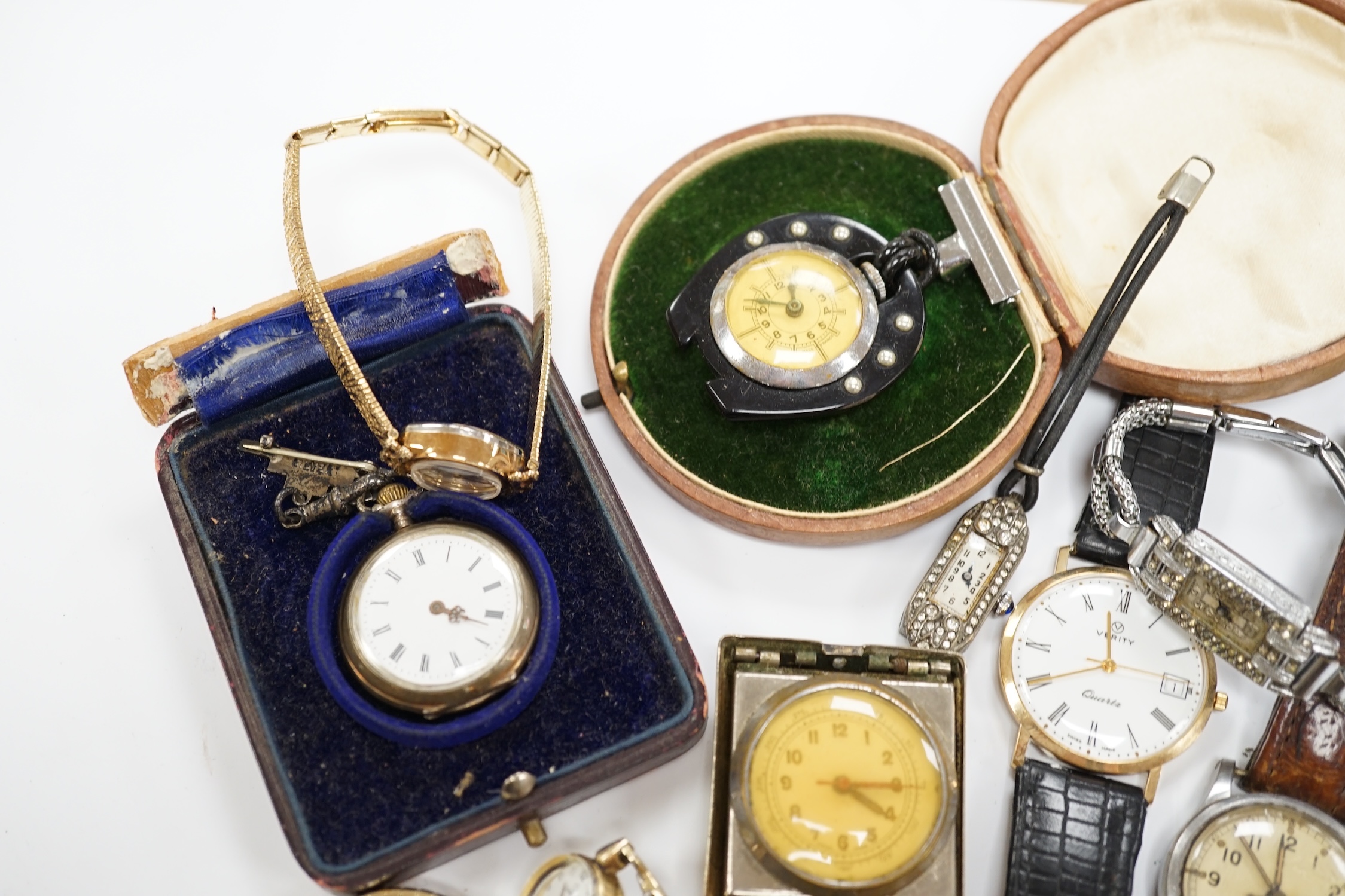 A small group of assorted wrist watches including Ingersoll and A.T.P. military, a Rolex watch movement and a silver pocket watch.